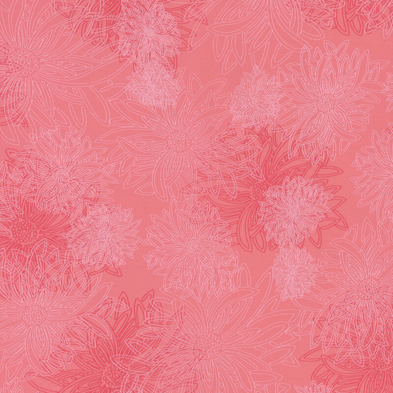 fabric featuring large pale pink outlined dahlia flowers on a pink mottled background