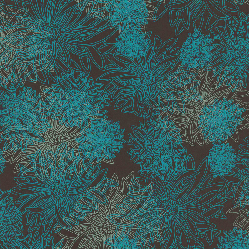 fabric featuring large teal outlined dahlia flowers on a gray background