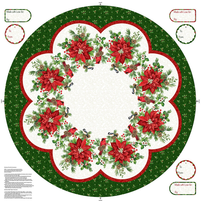 Circle of fabric featuring cardinals, poinsettias, and holly in the greens and reds of Christmas.