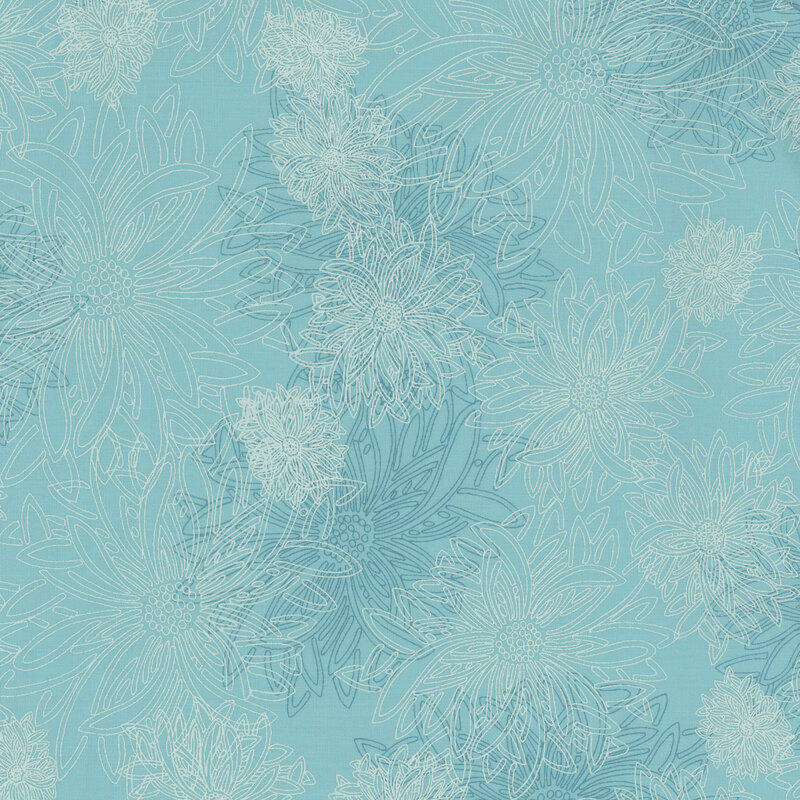 fabric featuring large pale outlined dahlia flowers on an aqua-blue background