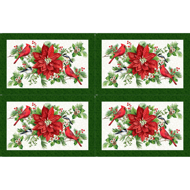 Fabric placemats featuring cardinals, poinsettias, and holly in the greens and reds of Christmas.