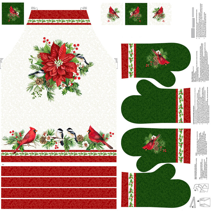 Yuletide themed apron and oven mitt set with cardinals, poinsettias, and holly in the greens and reds of Christmas.