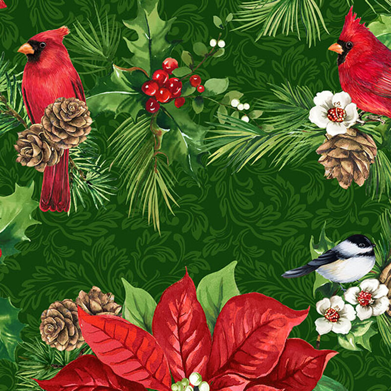 Cardinals, chickadees, holly, pinecones, and poinsettias adorn this green fabric.