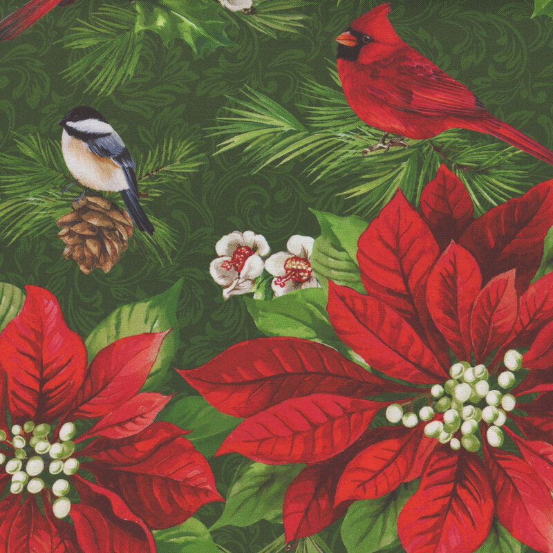 Cardinals, chickadees, holly, pinecones, and poinsettias adorn this green fabric.