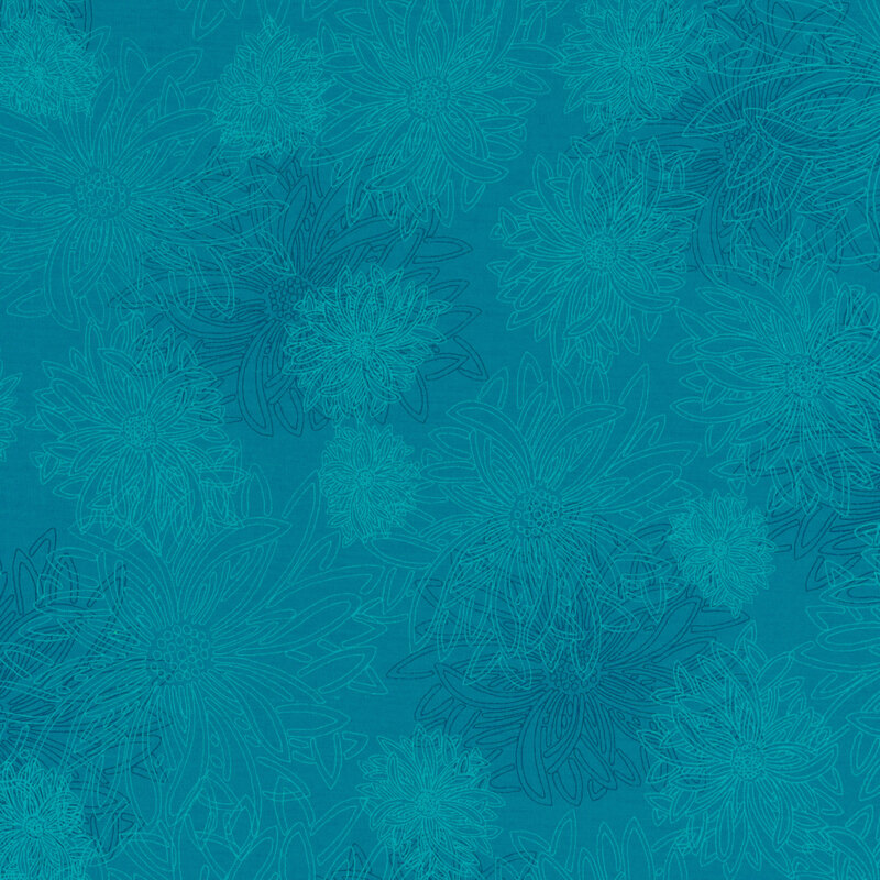 fabric featuring large outlined dahlia flowers on a cyan blue background
