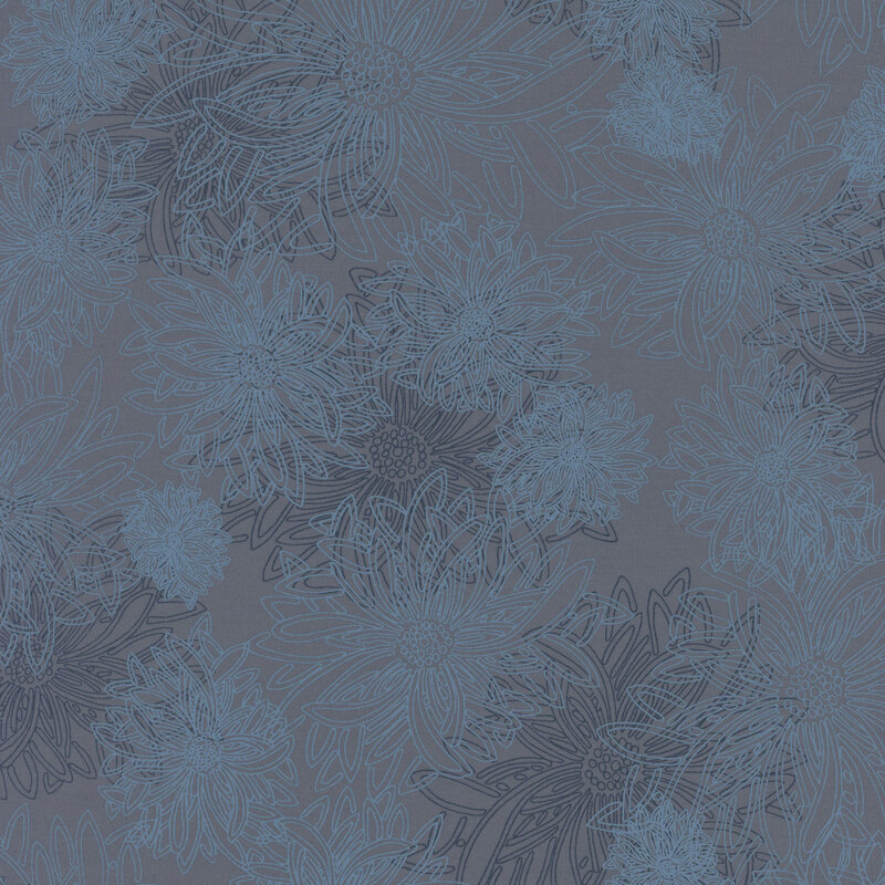 fabric featuring large outlined dahlia flowers on a faded dark blue background