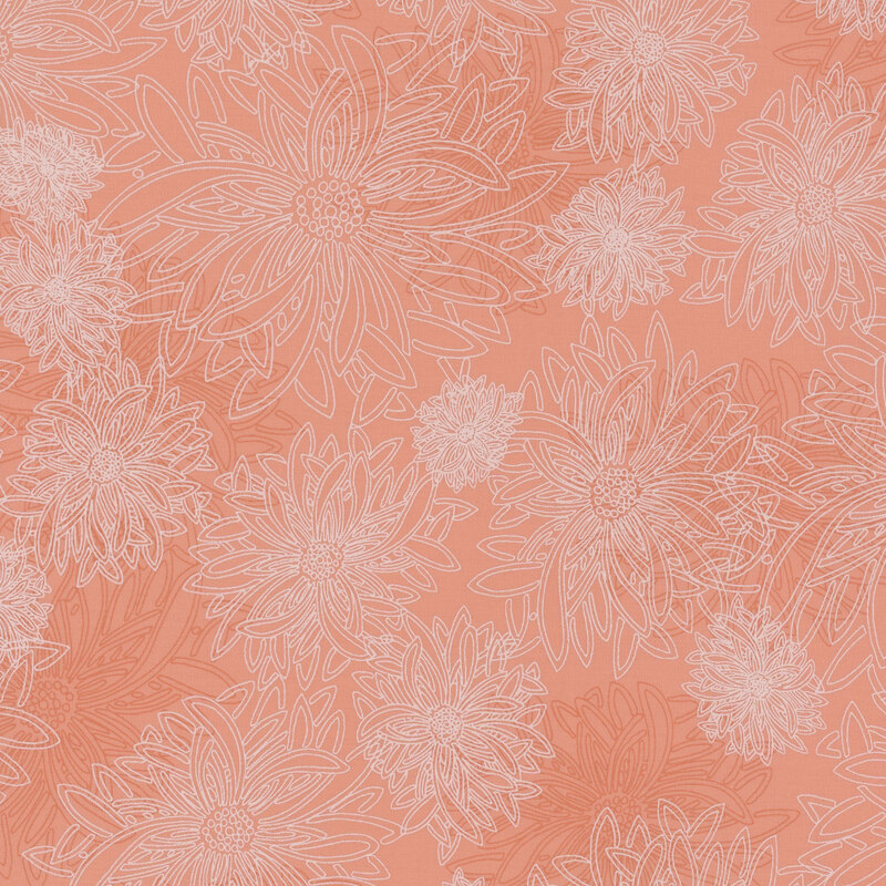 fabric featuring large pale pink outlined dahlia flowers on a dusty pink background