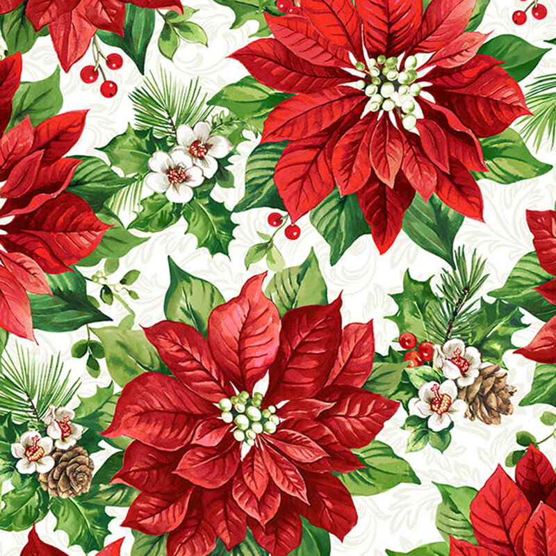 Poinsettias, holly, and pinecones on white fabric with tonal scrolls.
