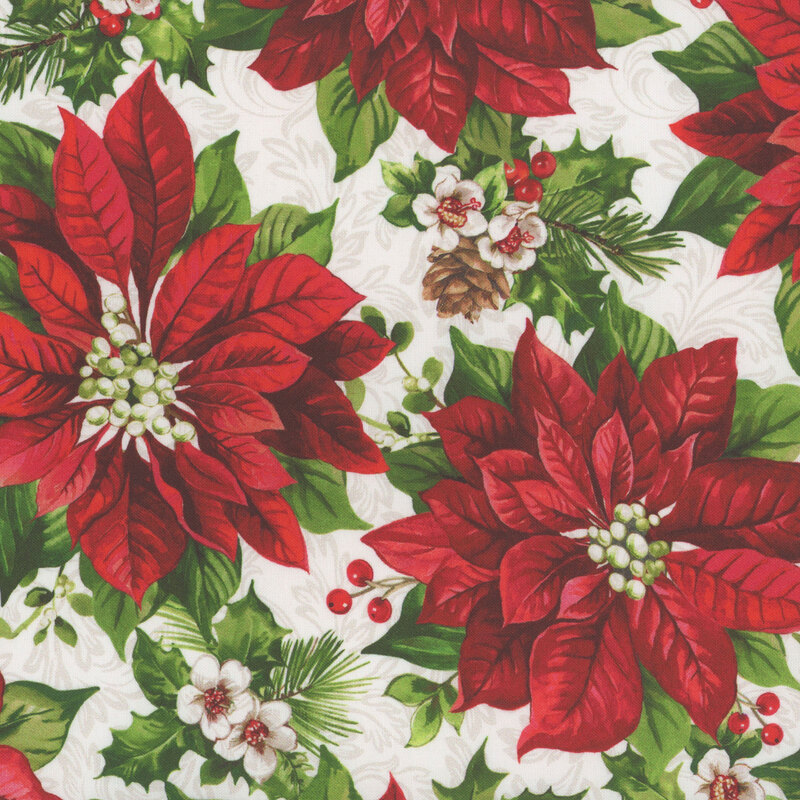 Poinsettias, holly, and pinecones on white fabric with tonal scrolls.