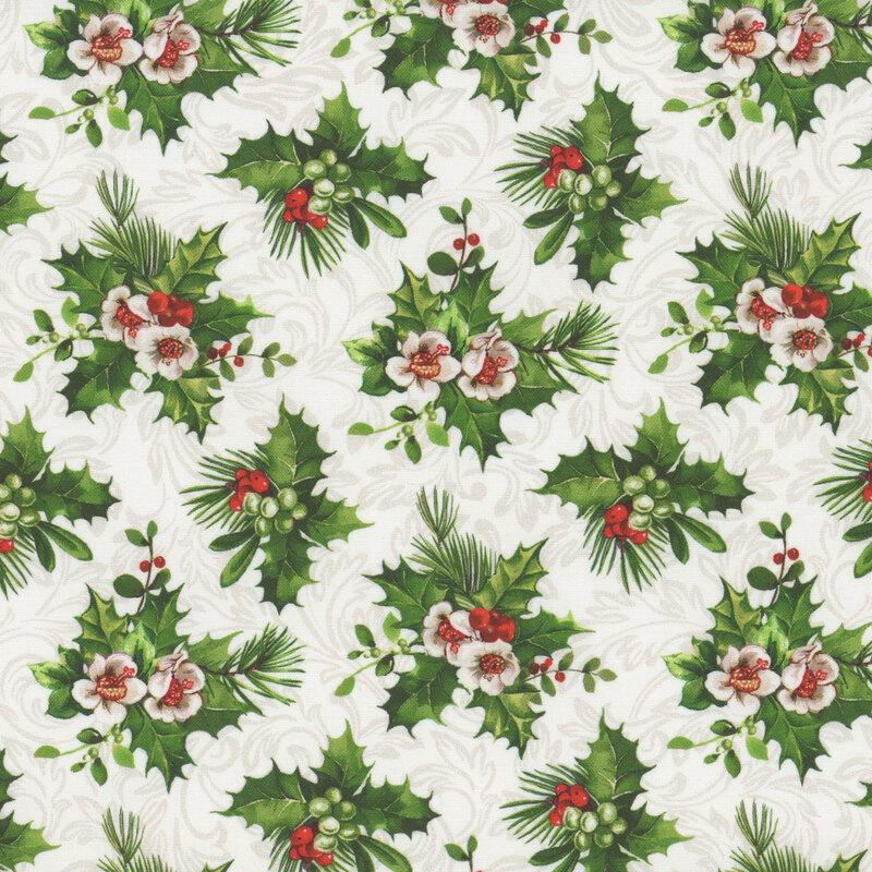 Holly flowers, leaves, and berries on a white background with tonal scrolls.