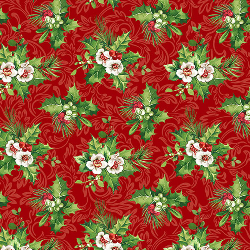 Holly flowers, leaves, and berries on a red background with tonal scrolls.