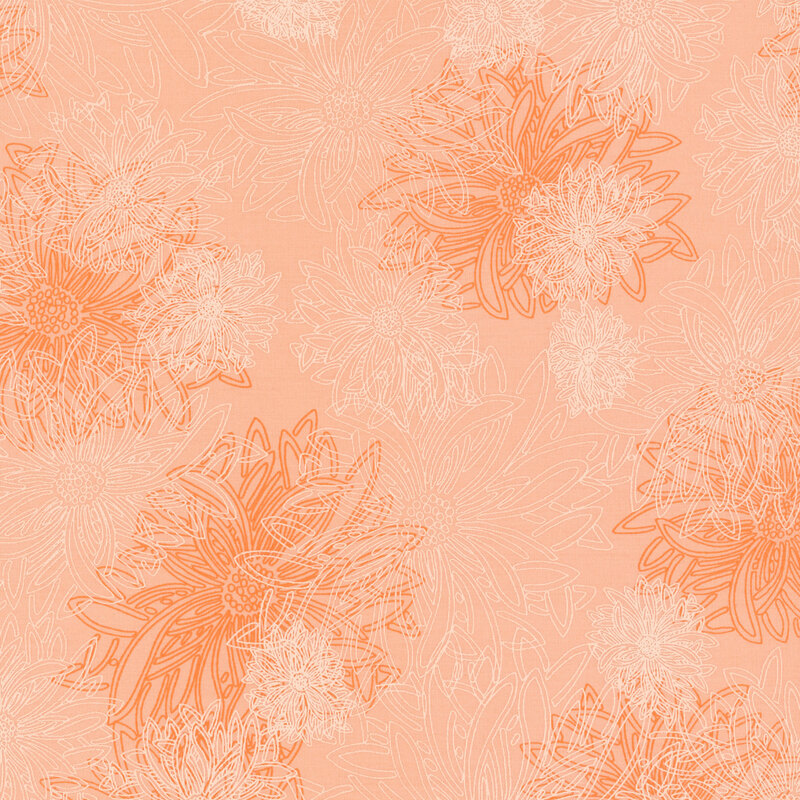 fabric featuring large pale pink outlined dahlia flowers on a pink mottled background