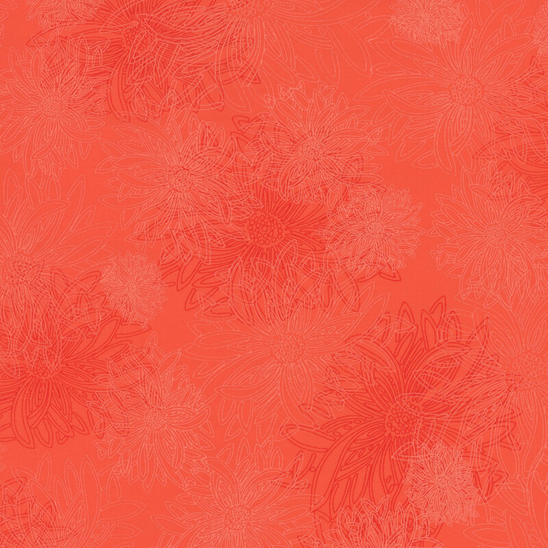 fabric featuring large outlined dahlia flowers on a dark coral background