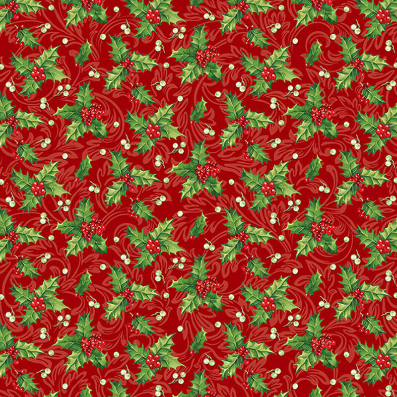 Small holly leaves and berries on a red background with tonal scrolls.