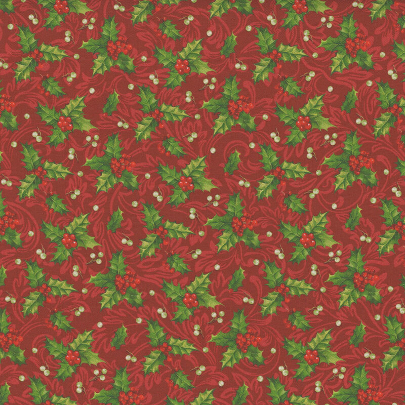 Small holly leaves and berries on a red background with tonal scrolls.