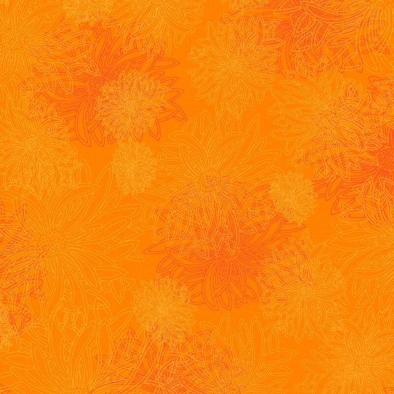 fabric featuring large outlined dahlia flowers on a bright orange background