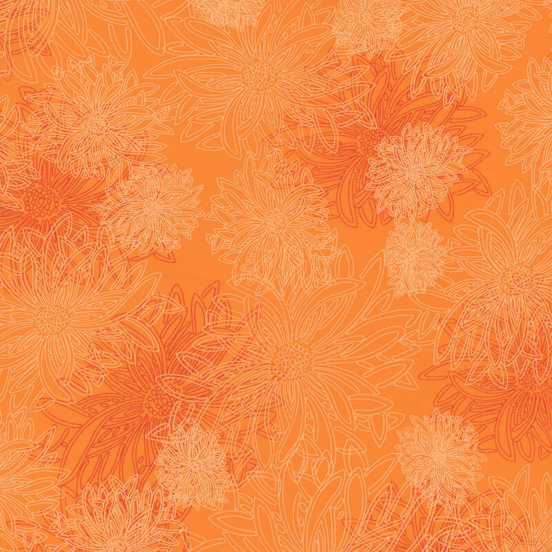 fabric featuring large outlined dahlia flowers on an orange background