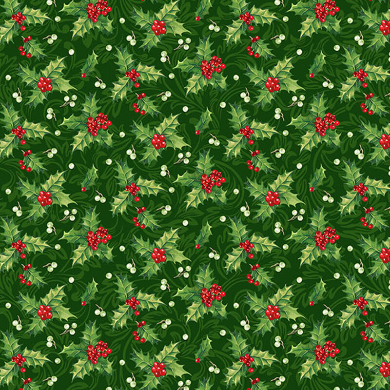 Small holly leaves and berries on a green background with tonal scrolls.