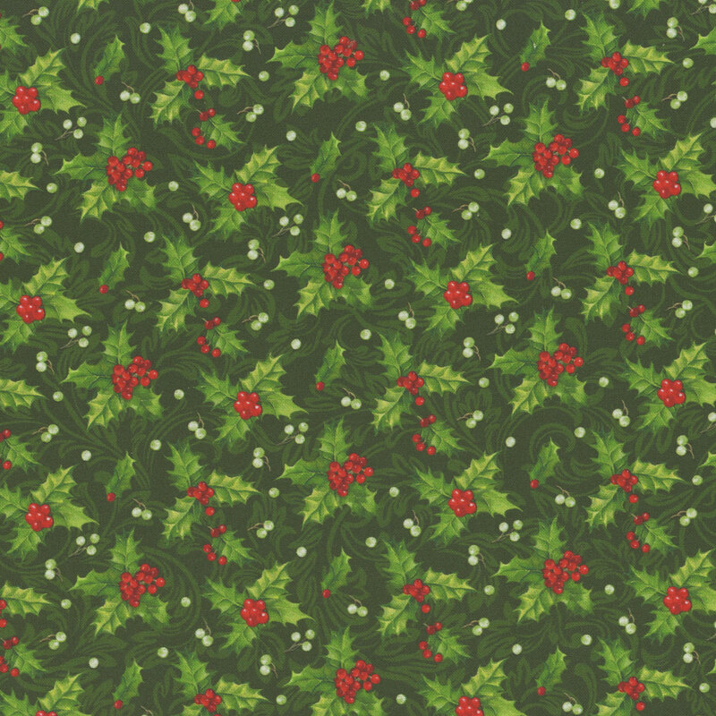 Small holly leaves and berries on a green background with tonal scrolls.