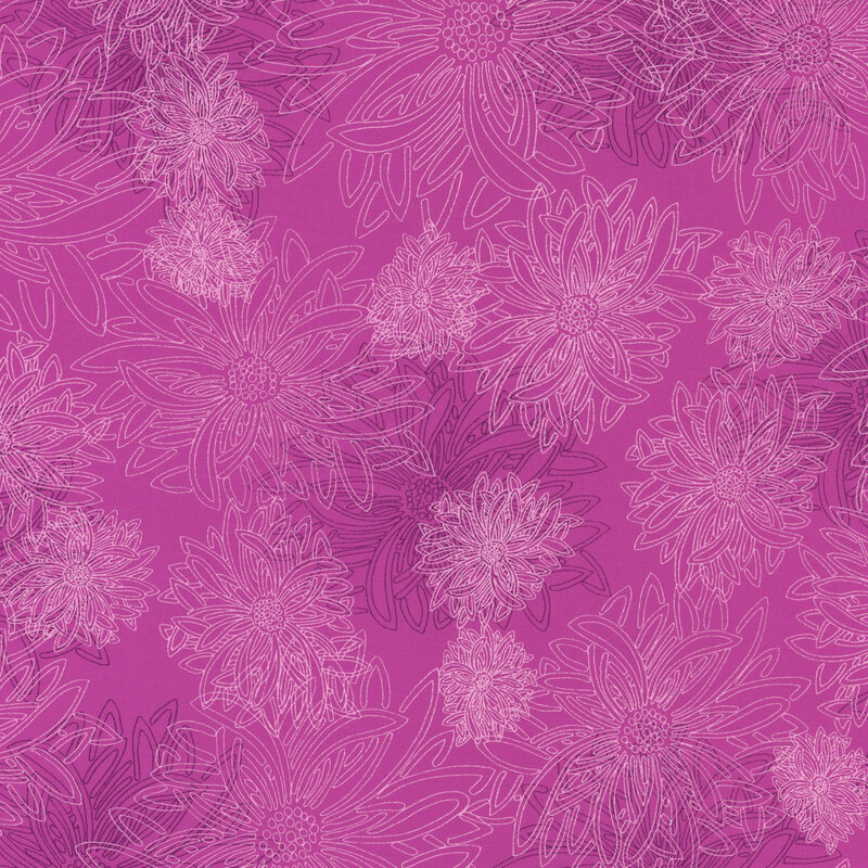 fabric featuring large outlined dahlia flowers on a magenta background