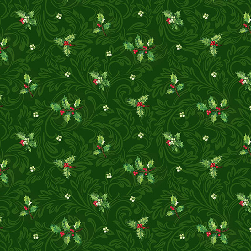 Dainty holly leaves and berries on a green background with tonal scrolls.