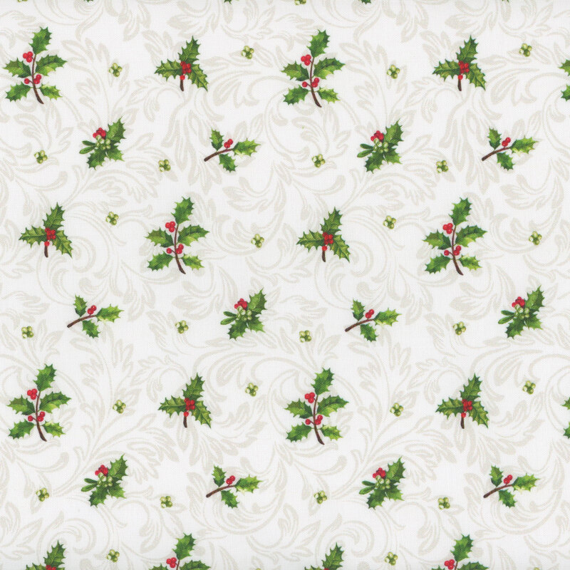 Dainty holly leaves and berries on a white background with tonal scrolls.