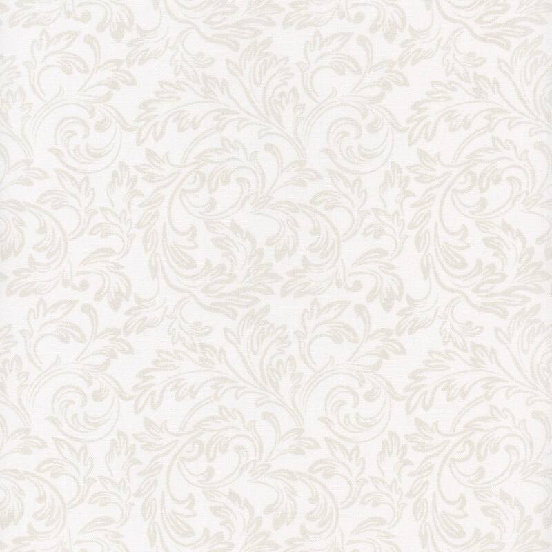 White fabric with tonal scrolls in swirling leaf patterns.