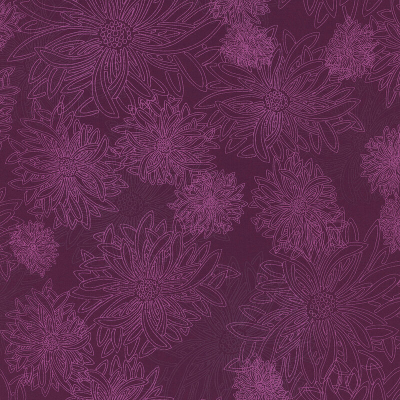 fabric featuring large outlined dahlia flowers on a purple background