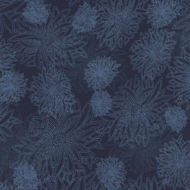 fabric featuring large pale outlined dahlia flowers on a dark blue background