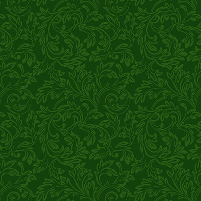 Green fabric with tonal scrolls in swirling leaf patterns.