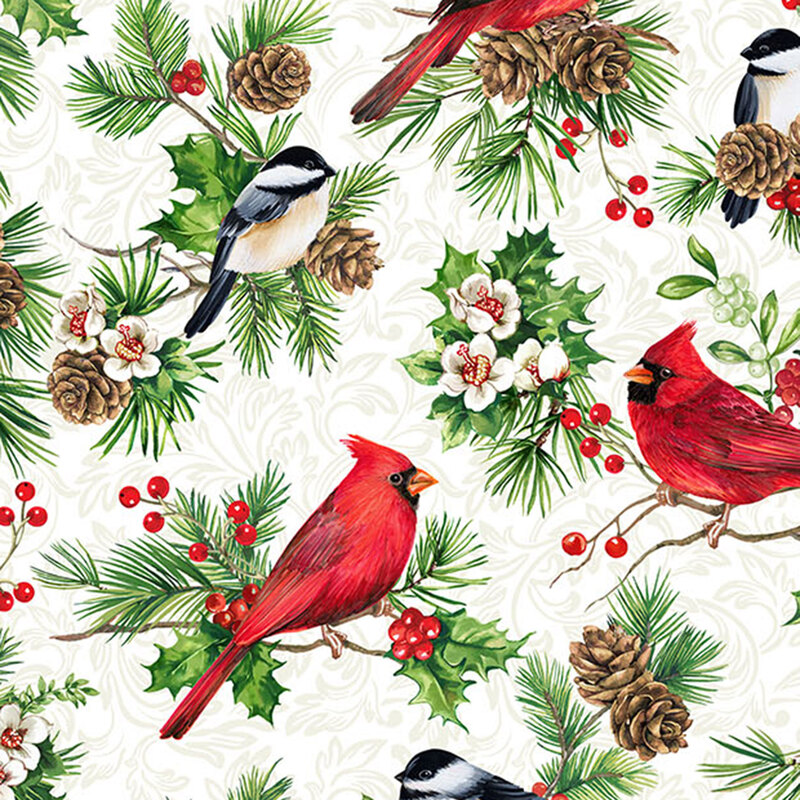 White fabric with cardinals, chickadees, holly, and pinecones, and tonal scrolls.