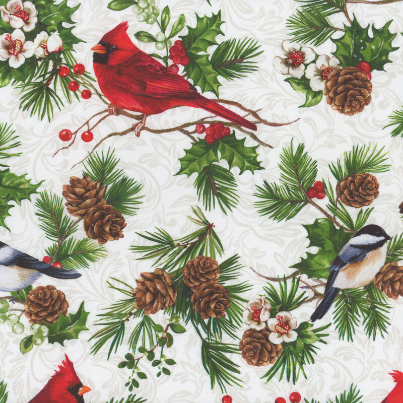 White fabric with cardinals, chickadees, holly, and pinecones, and tonal scrolls.
