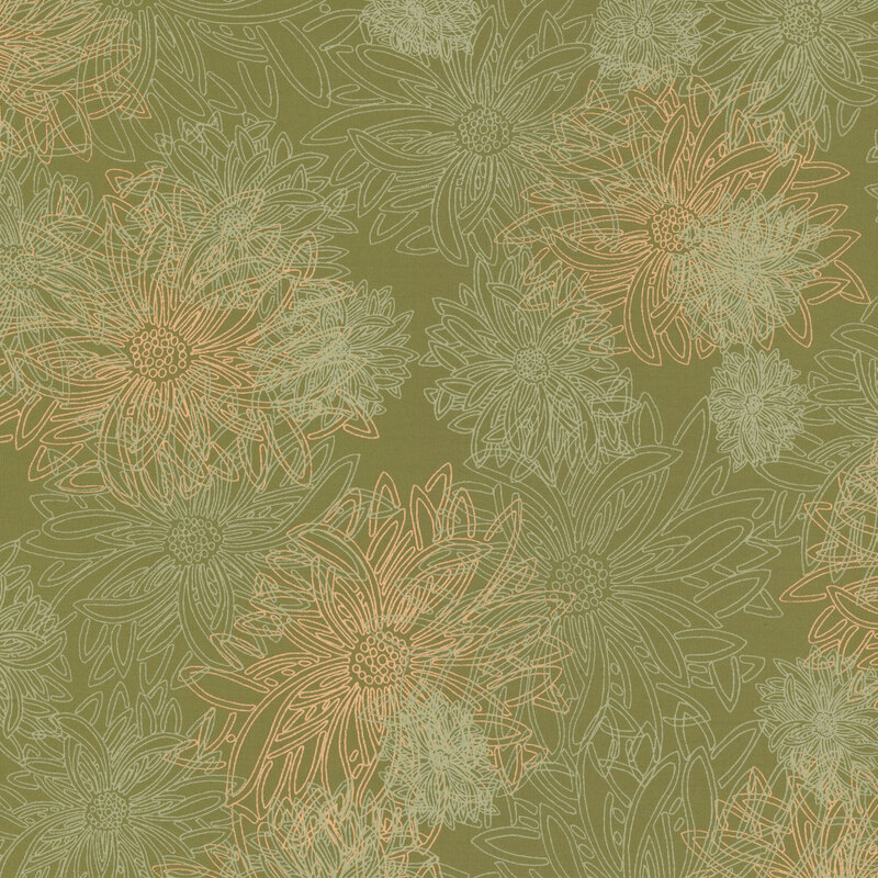 fabric featuring large pale outlined dahlia flowers on an olive background