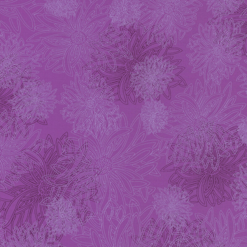 fabric featuring large outlined dahlia flowers on a purple background