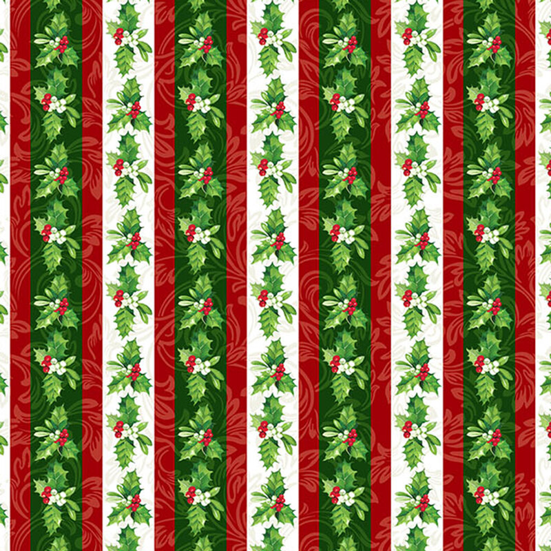 Small holly leaves and berries on varying green, red, and white stripes.