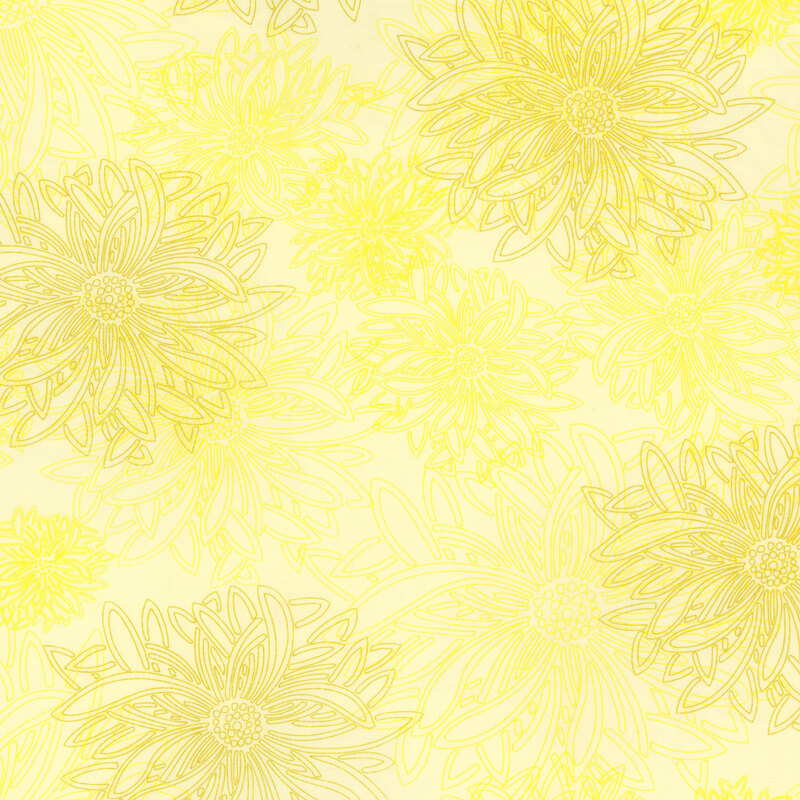 fabric featuring large outlined dahlia flowers on a golden yellow background
