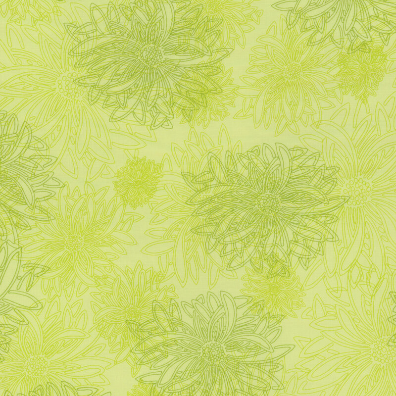 fabric featuring large outlined dahlia flowers on a chartreuse background