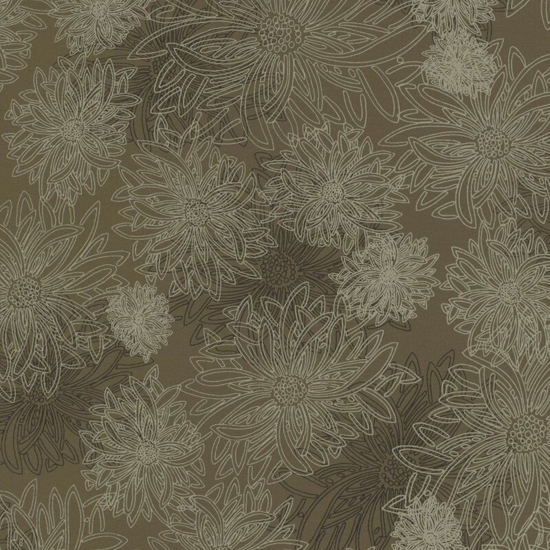 fabric featuring large outlined dahlia flowers on a dark green background