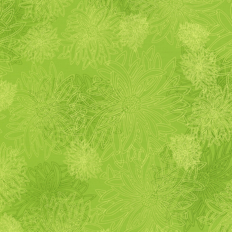 fabric that features green outlined dahlias on a green mottled background