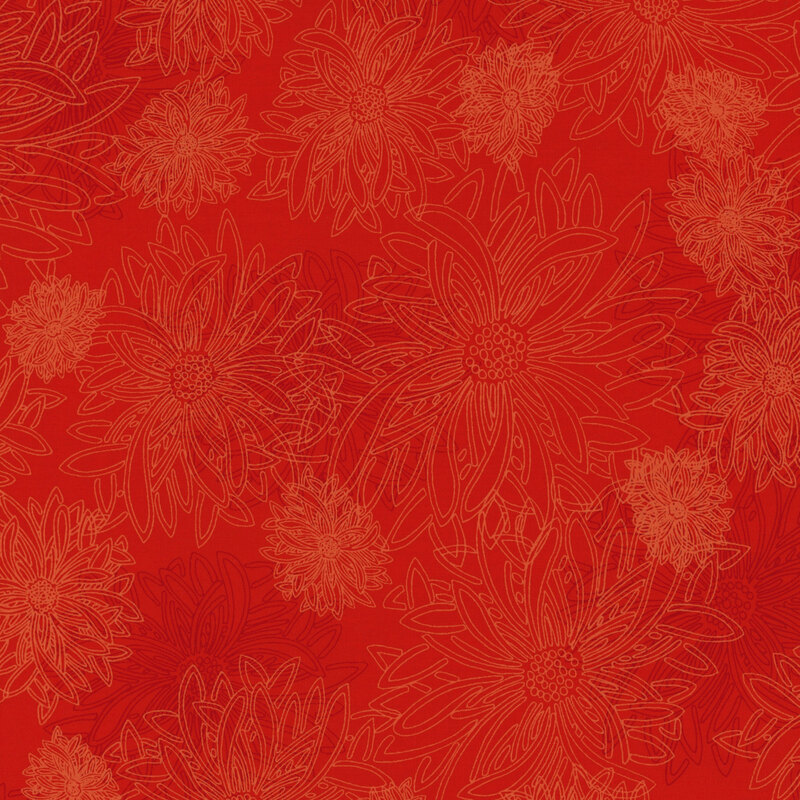 fabric featuring large outlined dahlia flowers on a red background