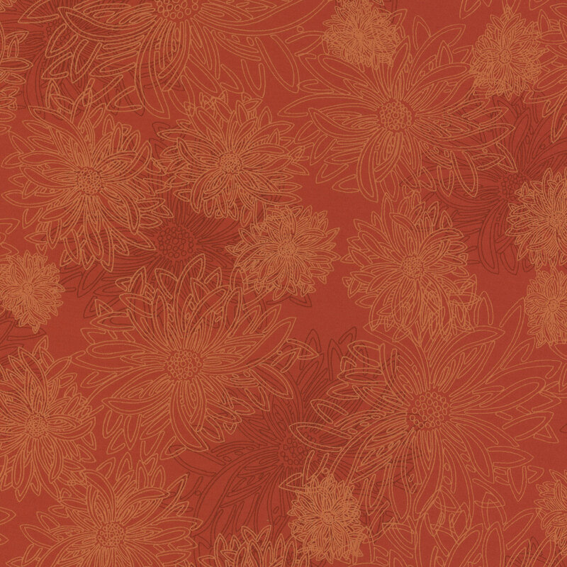 fabric featuring large outlined dahlia flowers on a red background