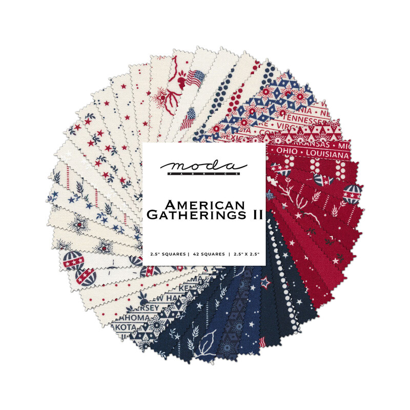Spiraled collage of red, white, and blue fabrics included in the American Gatherings II collection by Moda Fabrics