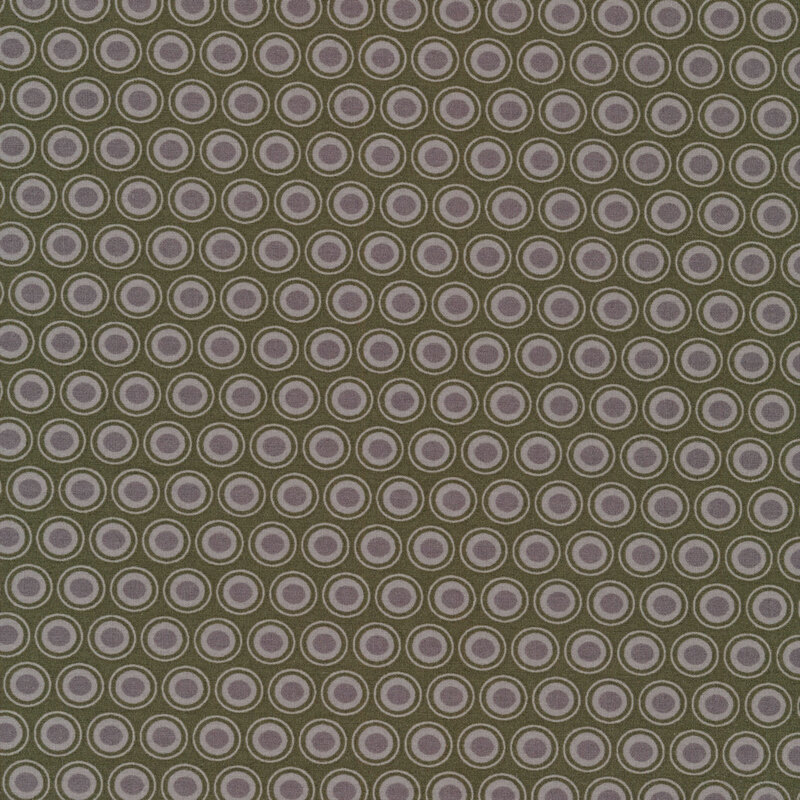 Army green fabric with a lovely light gray and dark gray oval polka dot design