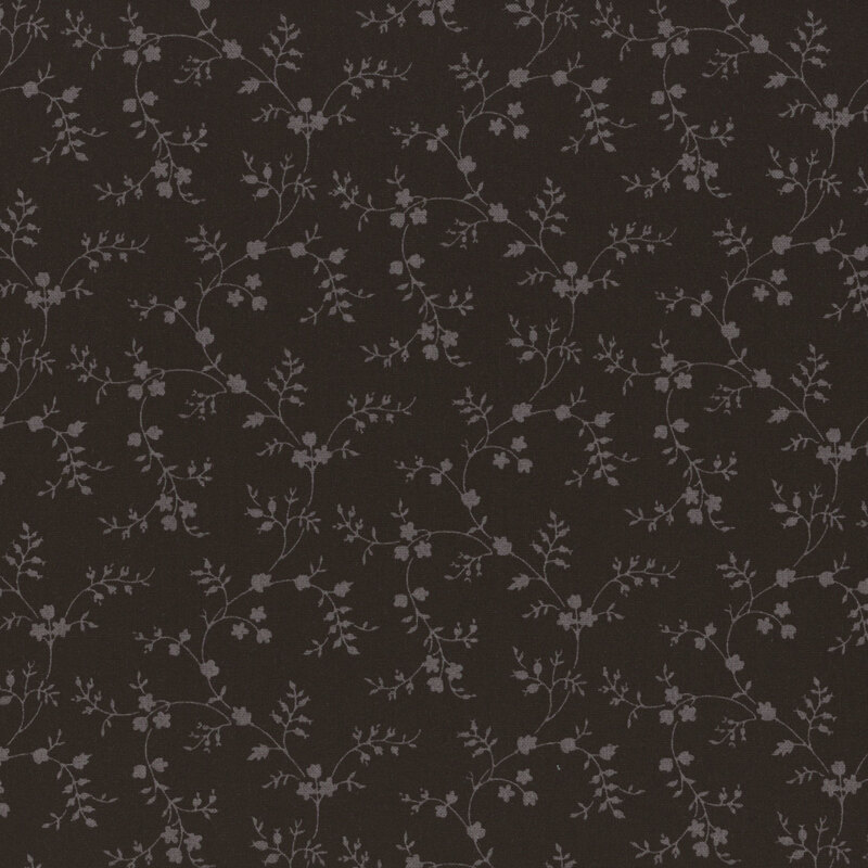 Black fabric with gray vines with tiny flowers and leaves all over