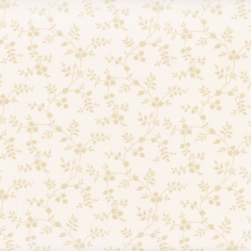 White fabric with cream vines with tiny flowers and leaves all over