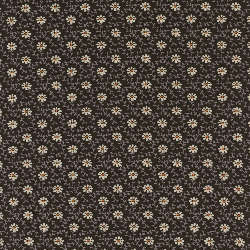 Black fabric with gray vines with white daisies all over