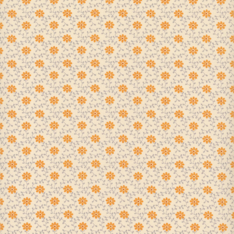 Cream fabric with taupe vines with orange daisies all over