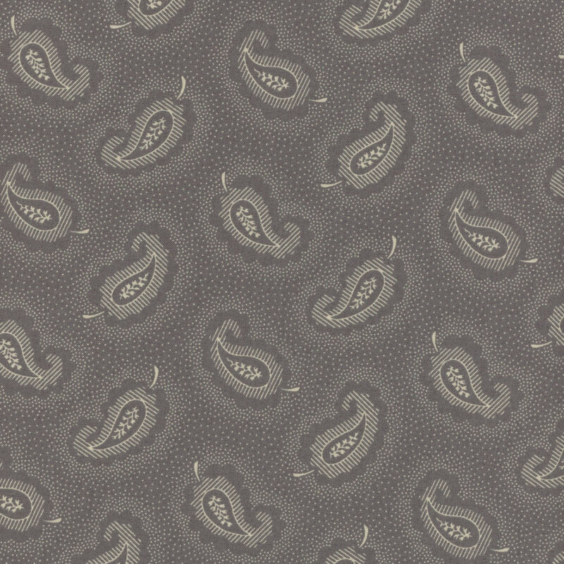 Gray fabric with leaf-shaped paisley shapes tossed all over