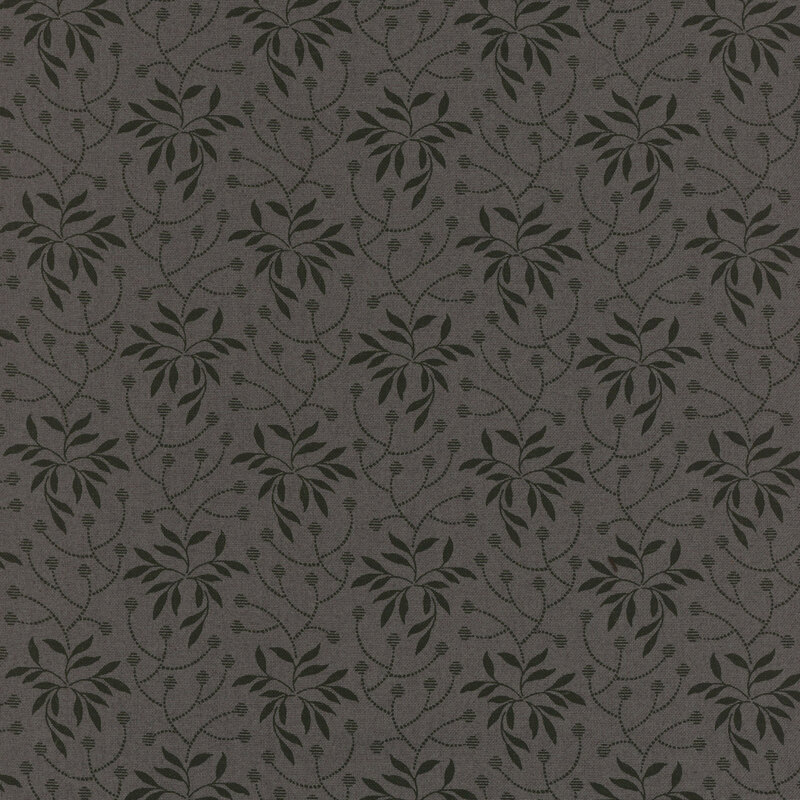 Gray fabric with black leafy vines all over