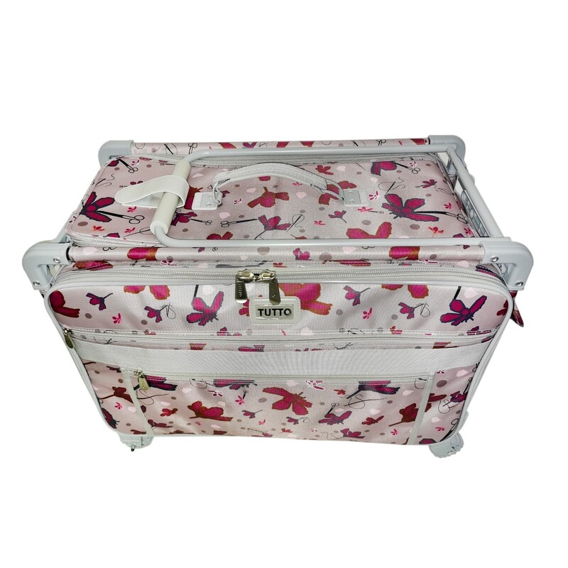 Tutto Large Sewing Machine Trolley Rose Gray with Pink Daisies Gray Frame